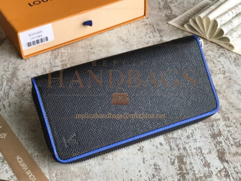 Replica Louis Vuitton Black Taiga Leather Blue Trim Zippy Organizer Wallet
