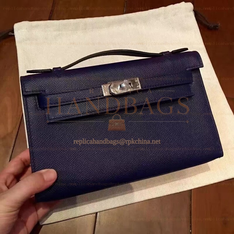 Replica Hermes Navy Blue Kelly Pochette Palladium Hardware Bag