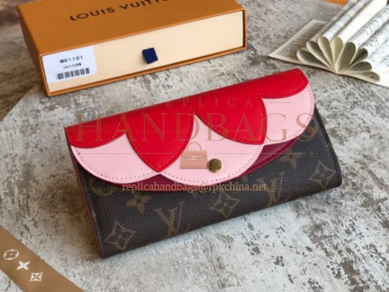 Replica Louis Vuitton Brown Monogram Red Pink Scallop Sarah Wallet