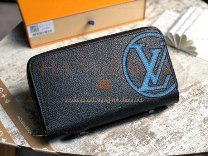 Replica Louis Vuitton Black Leather Blue LV Zippy Organizer Wallet