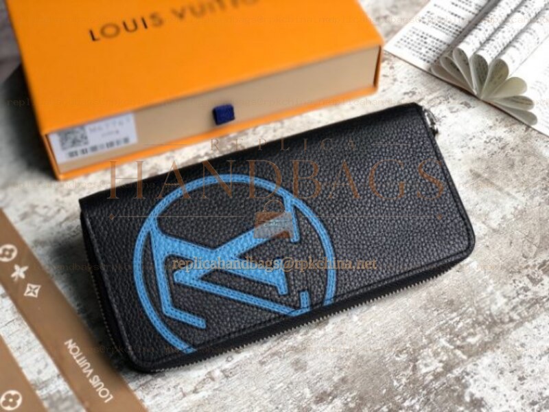 Replica Louis Vuitton Black Leather Blue LV Brazza Wallet