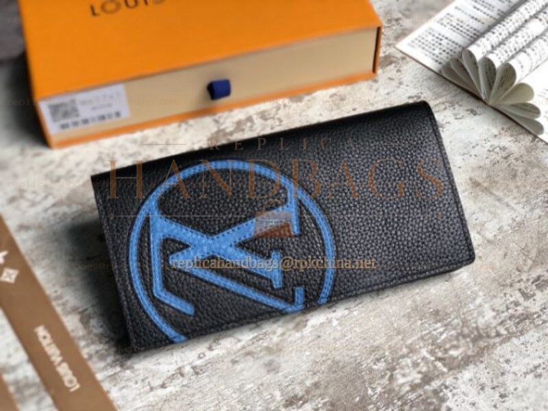 Replica Louis Vuitton Black Leather Blue LV Brazza Wallet - Style 2