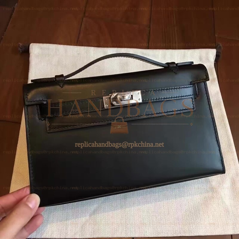 Replica Hermes Black Kelly Pochette Smooth Leather Palladium Hardware Bag