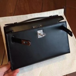 Replica Hermes Black Kelly Pochette Smooth Leather Palladium Hardware Bag