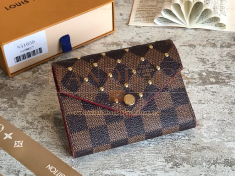 Replica Louis Vuitton Brown Damier Ebene Red Trim Victorine Wallet