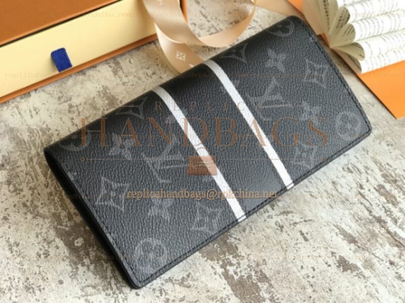 Replica Louis Vuitton Black Monogram Eclipse White Stripe Brazza Wallet