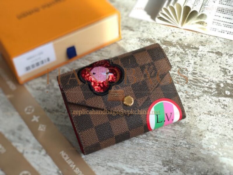 Replica Louis Vuitton Brown Damier Ebene Patch Victorine Wallet