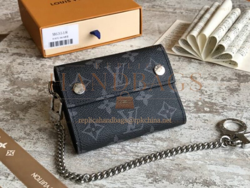Replica Louis Vuitton Black Monogram Supreme Rivets Chain Compact Wallet
