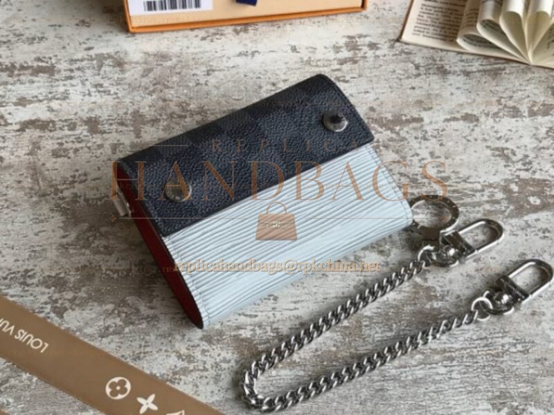 Replica Louis Vuitton Damier Graphite Light Blue Supreme Rivets Chain Compact Wallet