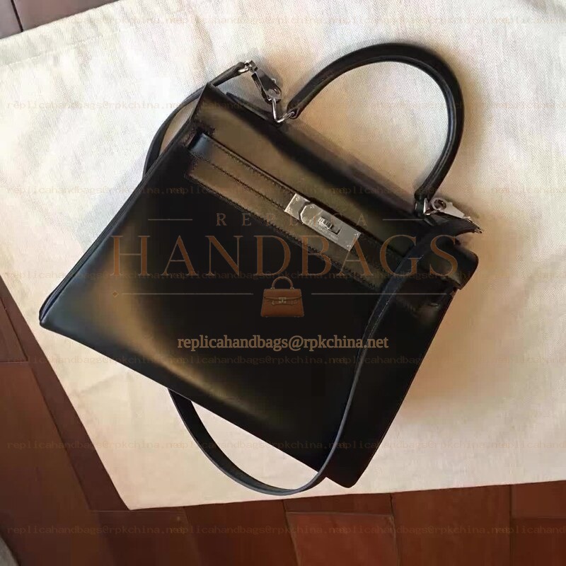 Replica Hermes Black Kelly 28 Palladium Hardware Bag