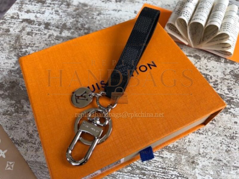Replica Louis Vuitton Black Strap Silver Oval Key Holder Charm