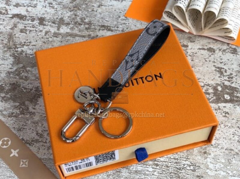 Replica Louis Vuitton Black Strap Silver Round Key Holder Charm