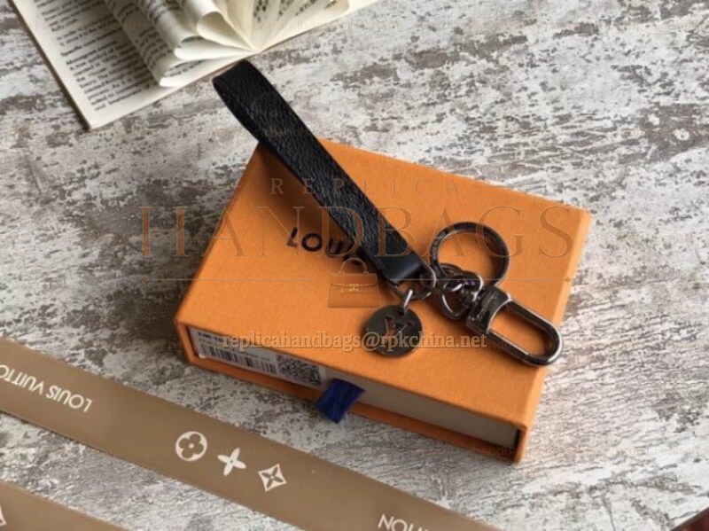 Replica Louis Vuitton Black Strap Gunmetal Round Key Holder Charm