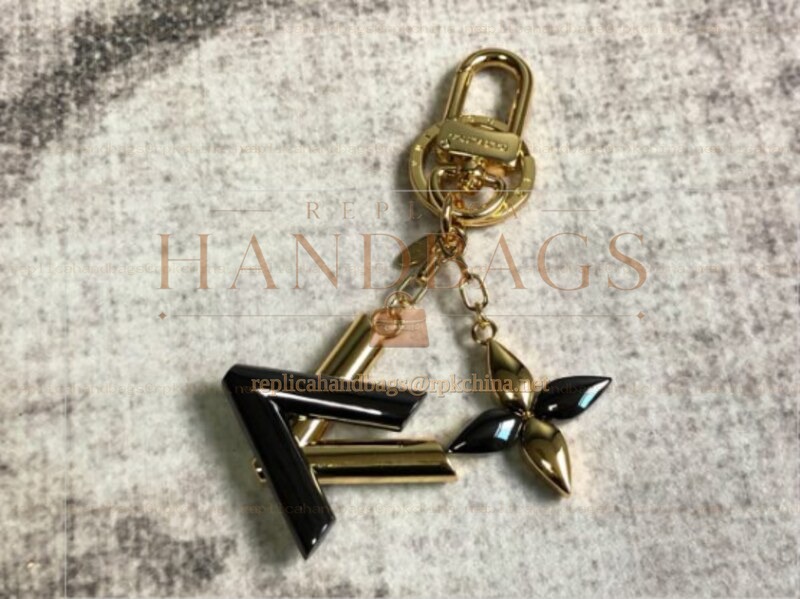 Replica Louis Vuitton Black Gold LV Initials Flower Key Holder Charm