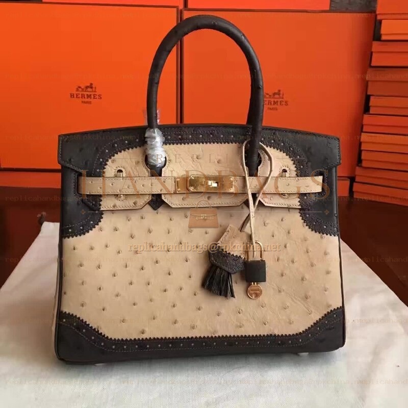 Replica Hermes Beige Black Ostrich Leather Birkin 30 Gold Hardware Bag