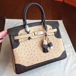 Replica Hermes Beige Black Ostrich Leather Birkin 30 Gold Hardware Bag