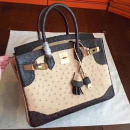 Replica Hermes Beige Black Ostrich Leather Birkin 30 Gold Hardware Bag