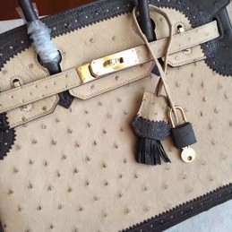 Replica Hermes Beige Black Ostrich Leather Birkin 30 Gold Hardware Bag