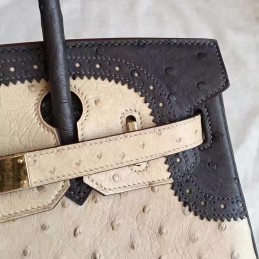Replica Hermes Beige Black Ostrich Leather Birkin 30 Gold Hardware Bag