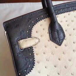 Replica Hermes Beige Black Ostrich Leather Birkin 30 Gold Hardware Bag