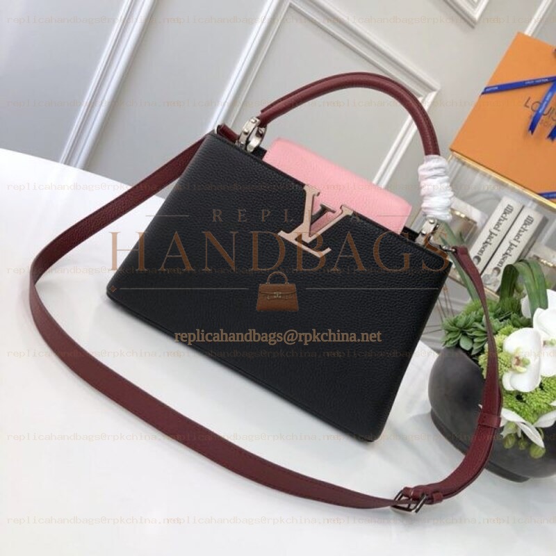 Replica Louis Vuitton Black Pale Pink Handle Capucines BB