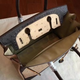 Replica Hermes Beige Black Ostrich Leather Birkin 30 Gold Hardware Bag