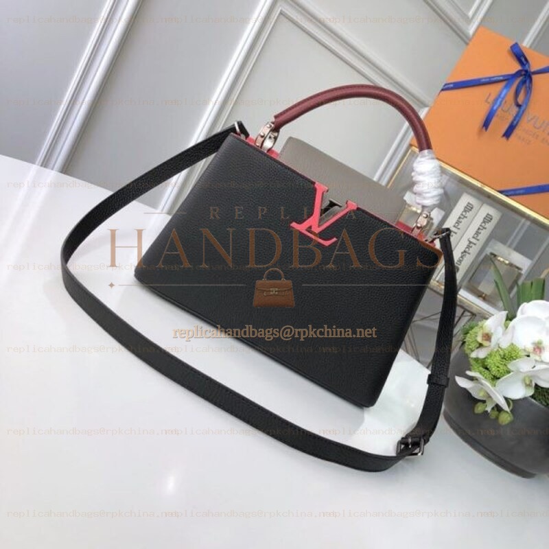Replica Louis Vuitton Black Red Handle Capucines BB