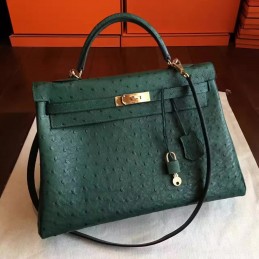 Replica Hermes Green Ostrich Leather Kelly 35 Gold Hardware Bag