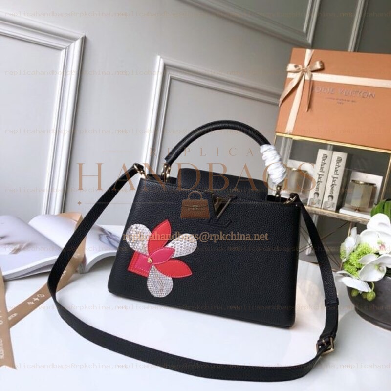 Replica Louis Vuitton Black Floral Capucines BB