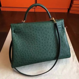 Replica Hermes Green Ostrich Leather Kelly 35 Gold Hardware Bag
