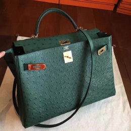 Replica Hermes Green Ostrich Leather Kelly 35 Gold Hardware Bag