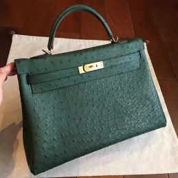 Replica Hermes Green Ostrich Leather Kelly 35 Gold Hardware Bag