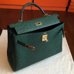 Replica Hermes Green Ostrich Leather Kelly 35 Gold Hardware Bag