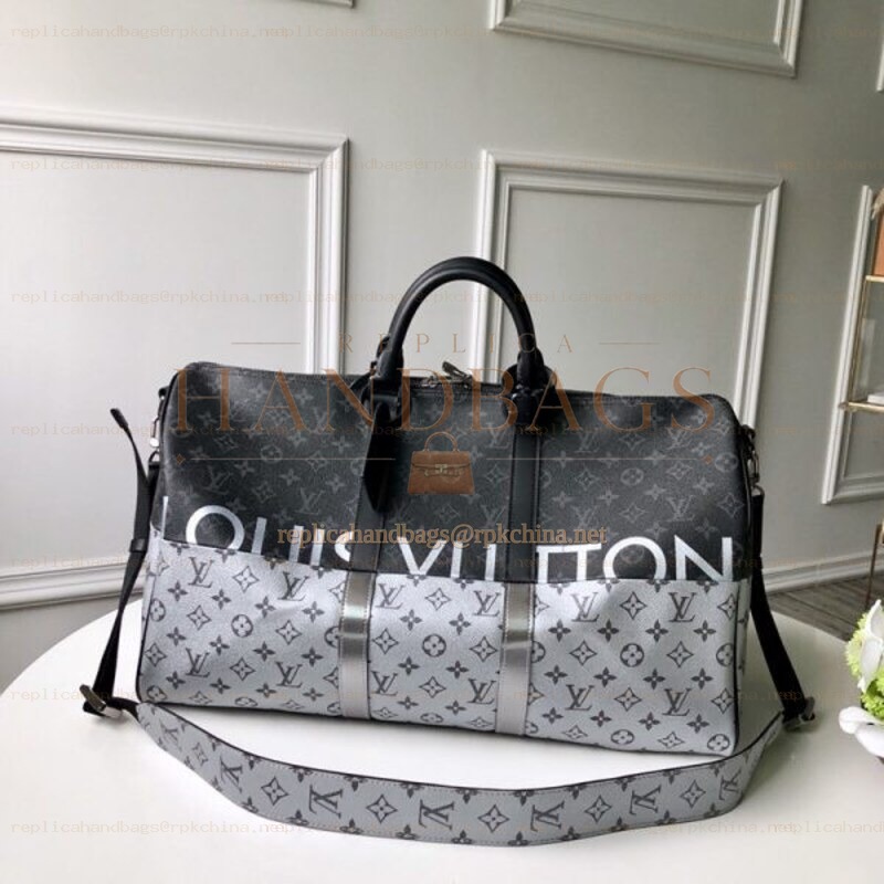 Replica Louis Vuitton Black White Monogram Eclipse Keepall Bandouliere 50