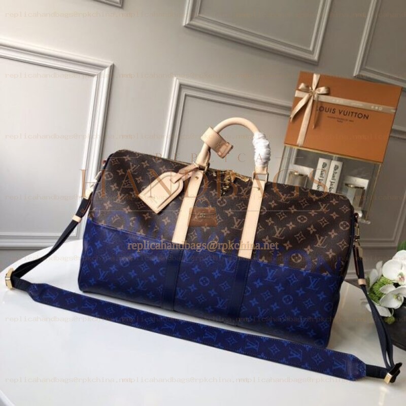 Replica Louis Vuitton Brown Blue Monogram Keepall Bandouliere 50