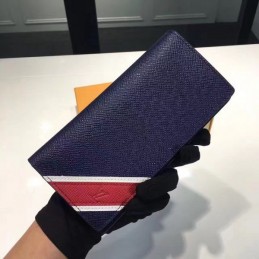Replica Louis Vuitton Navy Blue Leather Red White Stripe Brazza Wallet