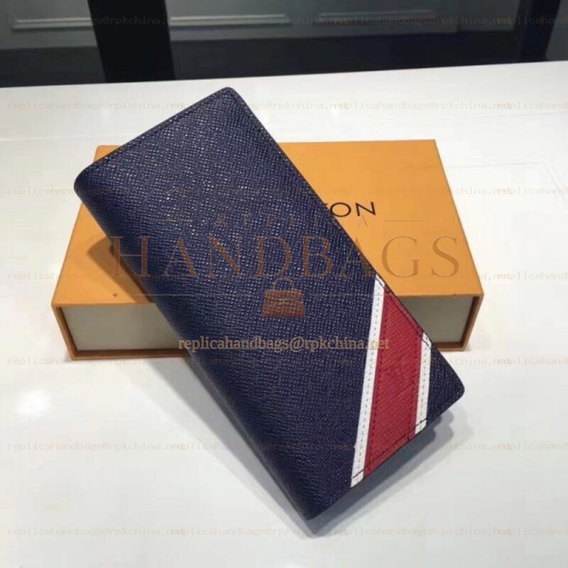 Replica Louis Vuitton Navy Blue Leather Red White Stripe Brazza Wallet
