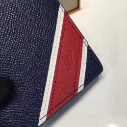 Replica Louis Vuitton Navy Blue Leather Red White Stripe Brazza Wallet