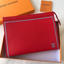 Replica Louis Vuitton Red Leather Light Blue Trim Pochette Voyage MM