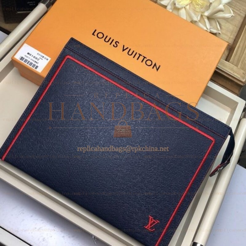Replica Louis Vuitton Navy Blue Leather Red Trim Pochette Voyage MM