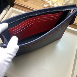 Replica Louis Vuitton Navy Blue Leather Red Trim Pochette Voyage MM