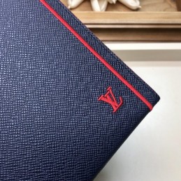 Replica Louis Vuitton Navy Blue Leather Red Trim Pochette Voyage MM