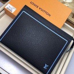 Replica Louis Vuitton Navy Blue Leather Light Blue Trim Pochette Voyage MM