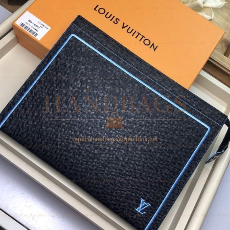 Replica Louis Vuitton Navy Blue Leather Light Blue Trim Pochette Voyage MM