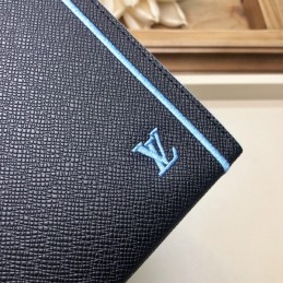 Replica Louis Vuitton Navy Blue Leather Light Blue Trim Pochette Voyage MM