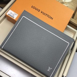 Replica Louis Vuitton Gray Leather White Trim Pochette Voyage MM