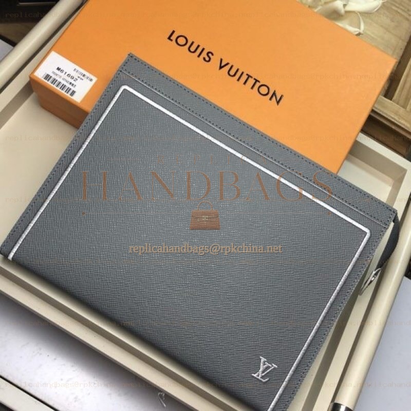 Replica Louis Vuitton Gray Leather White Trim Pochette Voyage MM