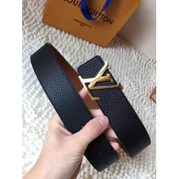 Replica Louis Vuitton Black Grained Leather Gold LV Buckle Belt
