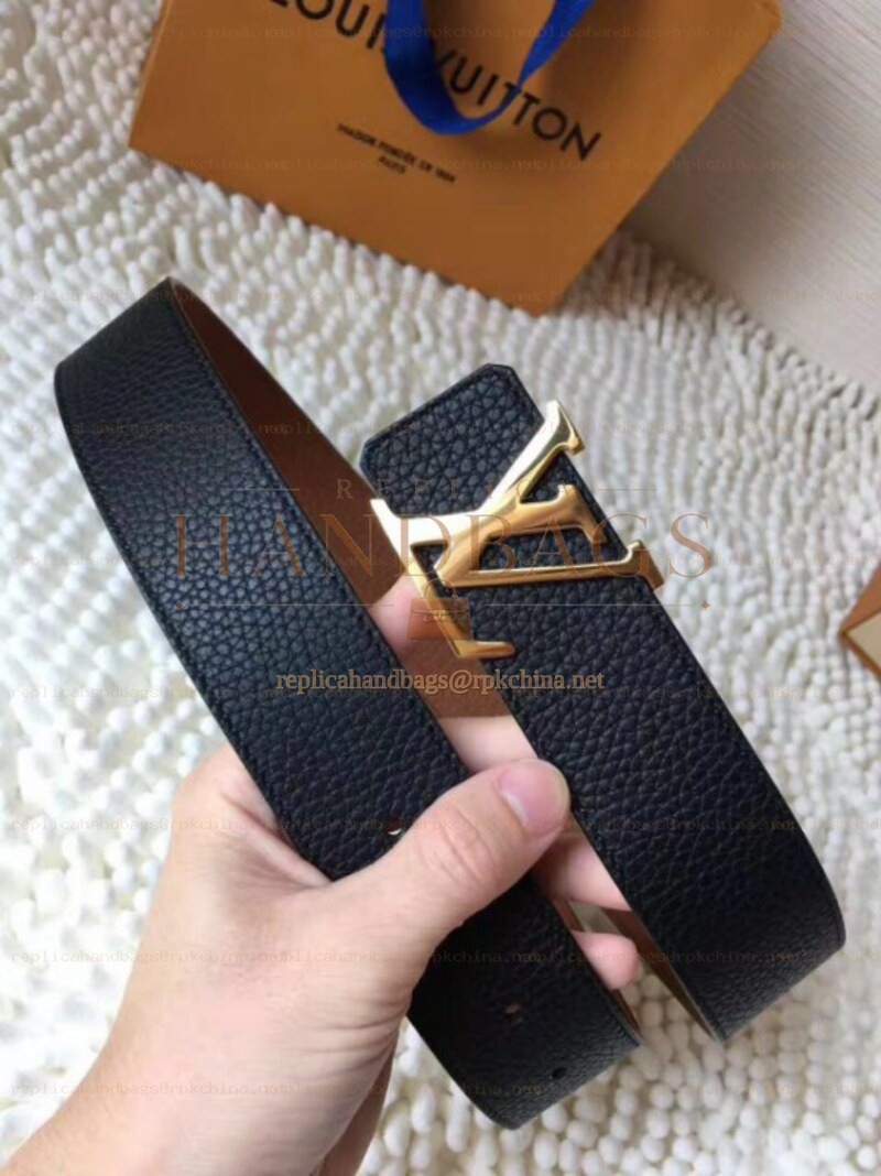 Replica Louis Vuitton Black Grained Leather Gold LV Buckle Belt