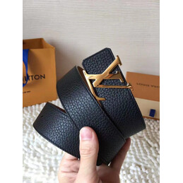 Replica Louis Vuitton Black Grained Leather Gold LV Buckle Belt